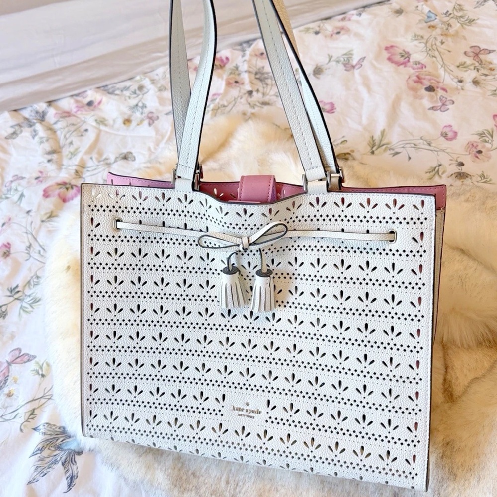 Kate Spade White and Pink Perforated Leather Tote